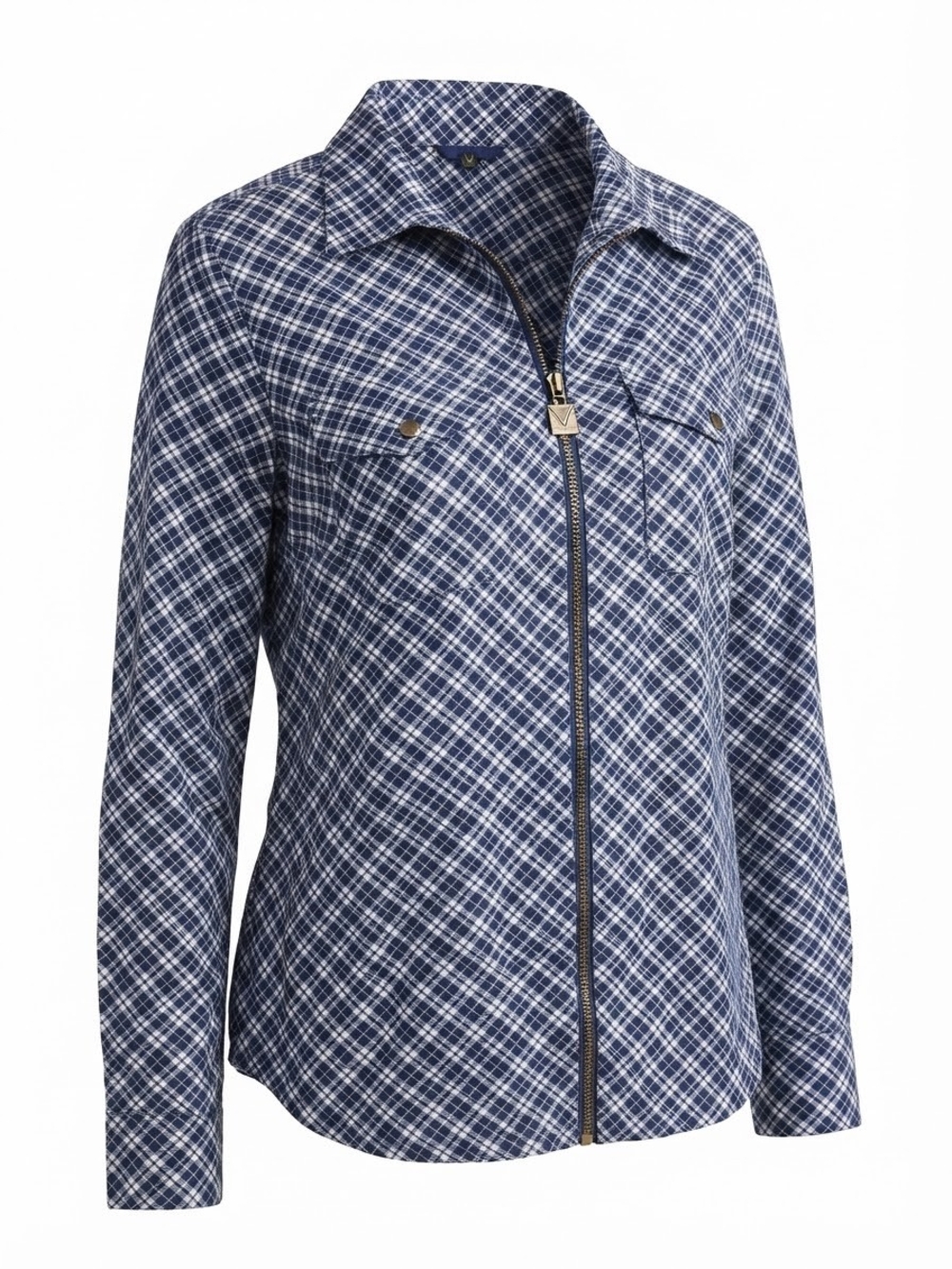 Michael Kors Blue Plaid Zip-Front Jean Jacket